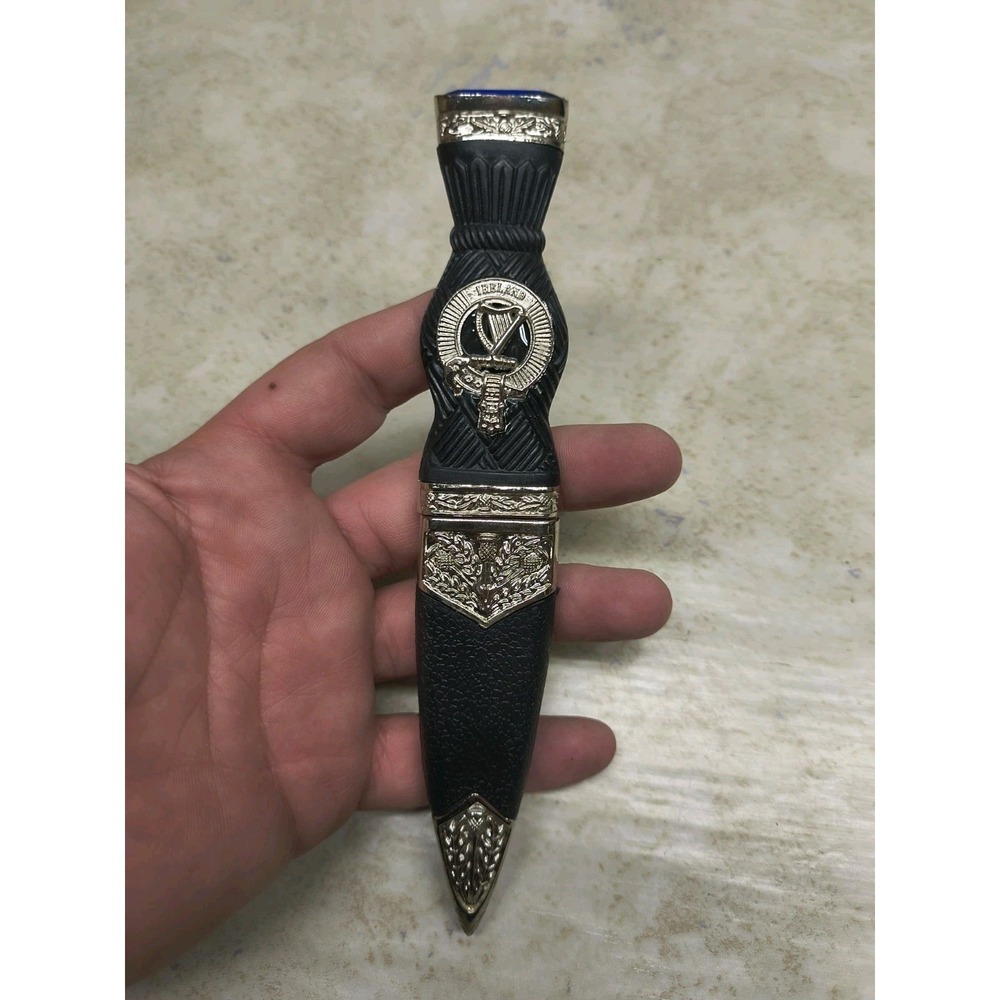 7" Celtic Scottish Small Sgian Dubh Dagger Harp + Thistle + Blue Stone, Scabbard